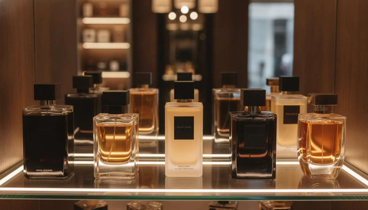Un frasco de perfume unisex de diseño minimalista y elegante, colocado sobre una base de madera rústica, rodeado de pequeñas ramas secas y musgo, con lu...