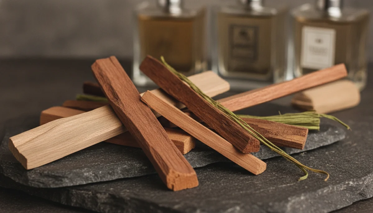 Una selección de elegantes frascos de perfumes amaderados de distintas marcas, algunos con etiquetas que sugieren opciones masculinas y unisex, dispuest...