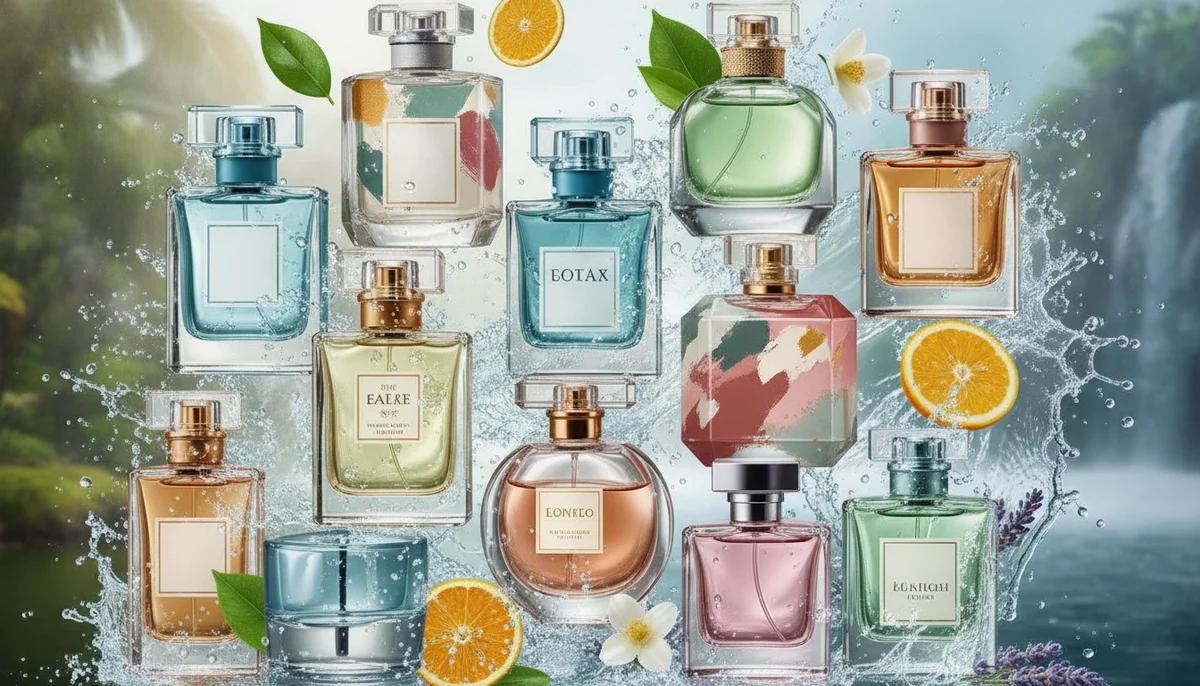Una persona joven, sonriente y de género neutro, oliendo con deleite una botella de perfume de diseño minimalista. El fondo es limpio y moderno, con ton...