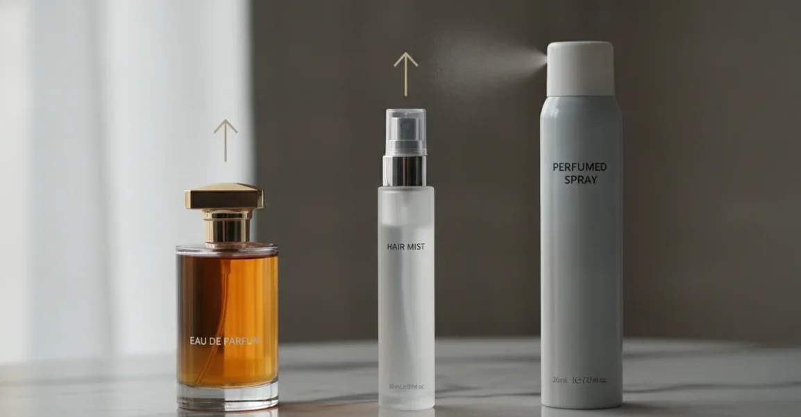 Una tabla de tres columnas mostrando botellas de perfume en diferentes tamaños, como Eau de Parfum, Hair Mist y Perfumed Spray, con flechas indicando la secuencia de aplicación desde la base más intensa hasta la más ligera, en un fondo elegante.