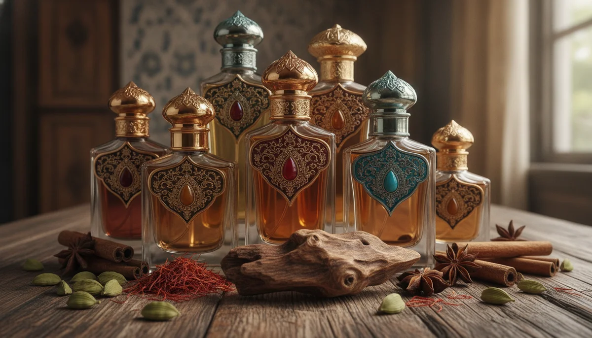 Un collage de botellas de perfumes árabes, con diseños intrincados y colores cálidos, rodeadas de elementos como especias (cardamomo, azafrán) y maderas exóticas, destacando el oud como ingrediente central.