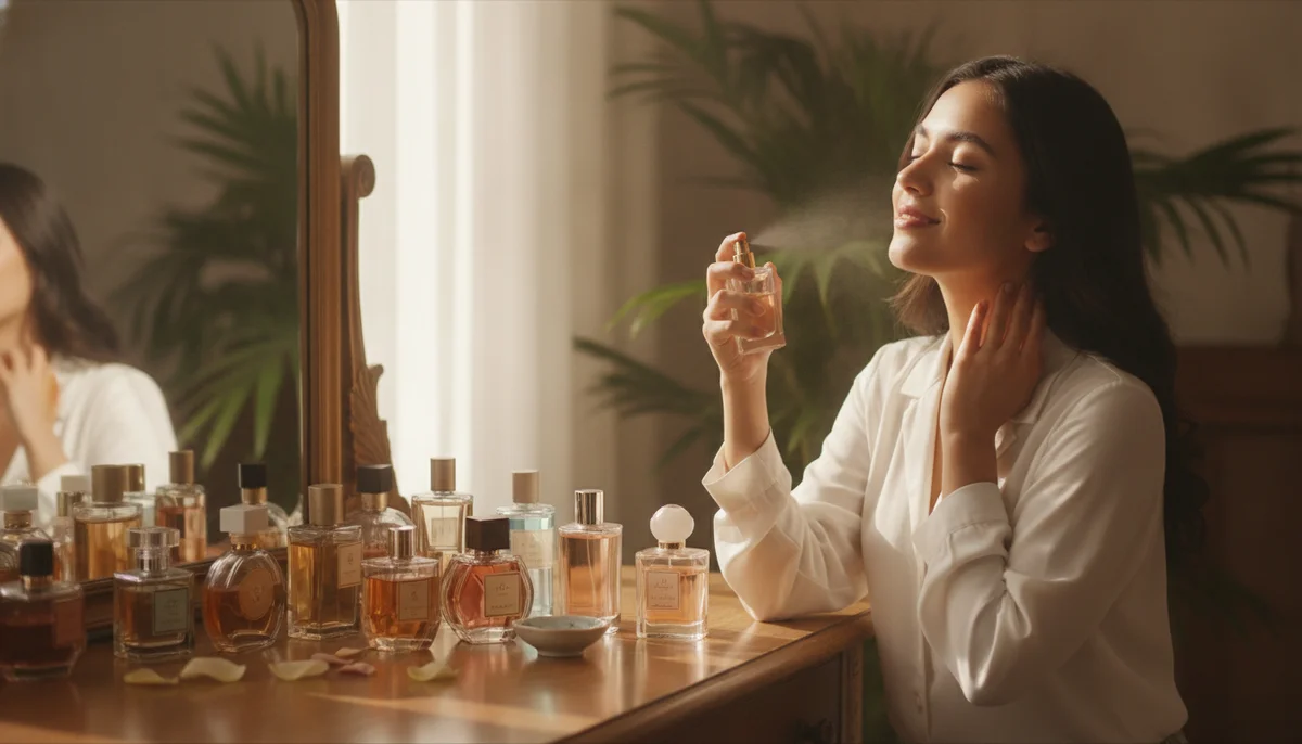 Una mujer joven sonriendo mientras aplica un perfume, con varias botellas de fragancia de diferentes tamaños y formas dispuestas artísticamente en un tocador soleado, simbolizando la combinación de aromas.