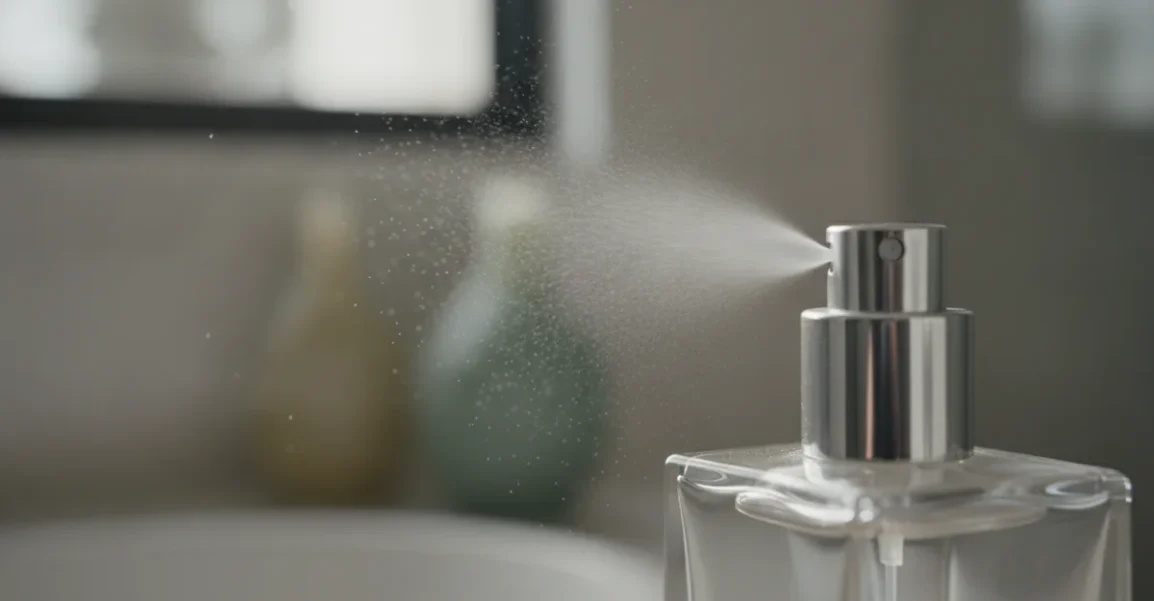 Primer plano de un atomizador de perfume de alta calidad, con un rocío fino y transparente emergiendo. El cuello del frasco es visible, mostrando el mecanismo de metal liso y brillante.