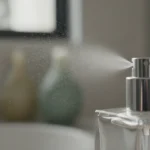 Primer plano de un atomizador de perfume de alta calidad, con un rocío fino y transparente emergiendo. El cuello del frasco es visible, mostrando el mecanismo de metal liso y brillante.