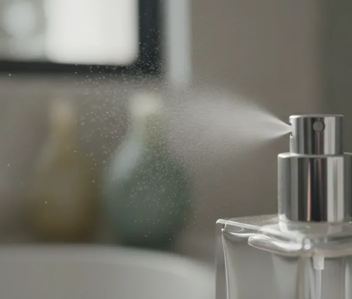 Primer plano de un atomizador de perfume de alta calidad, con un rocío fino y transparente emergiendo. El cuello del frasco es visible, mostrando el mecanismo de metal liso y brillante.