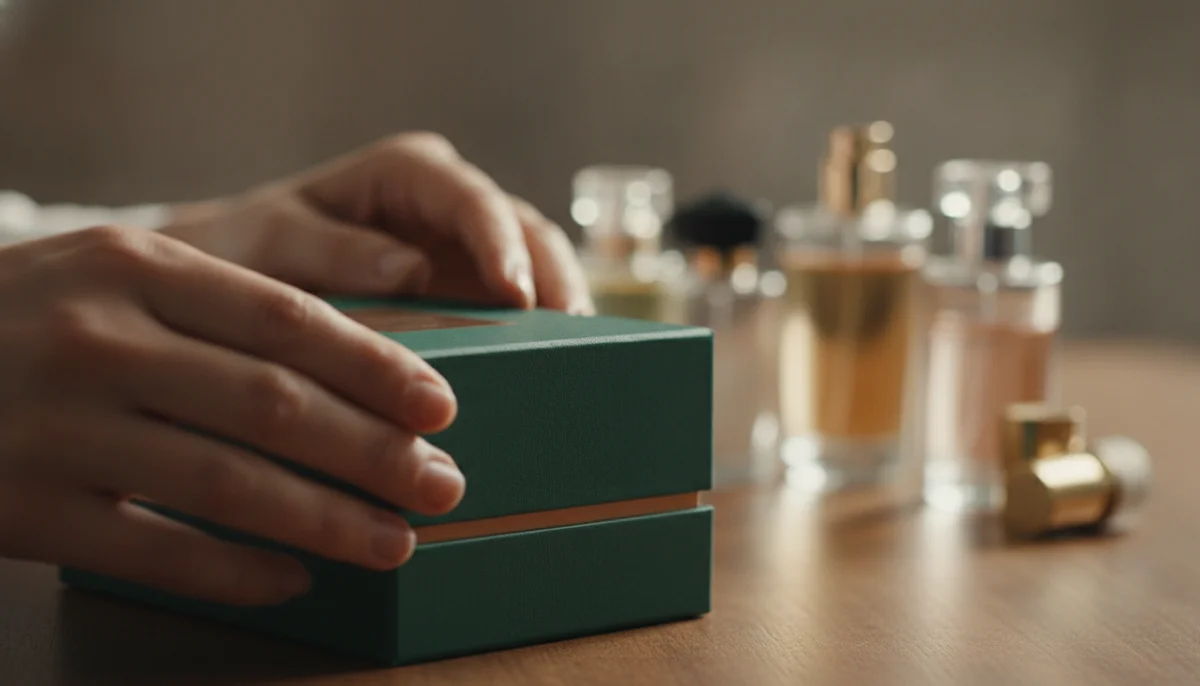 Primer plano de manos examinando meticulosamente una caja de perfume, buscando detalles en el empaque. El fondo muestra una colección de frascos de perfume difuminados.