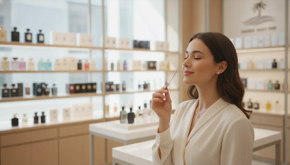 Una mujer sonriendo mientras huele una tira de papel con perfume en una perfumería moderna y luminosa, con estanterías llenas de frascos detrás de ella. Se ve un logo discreto de