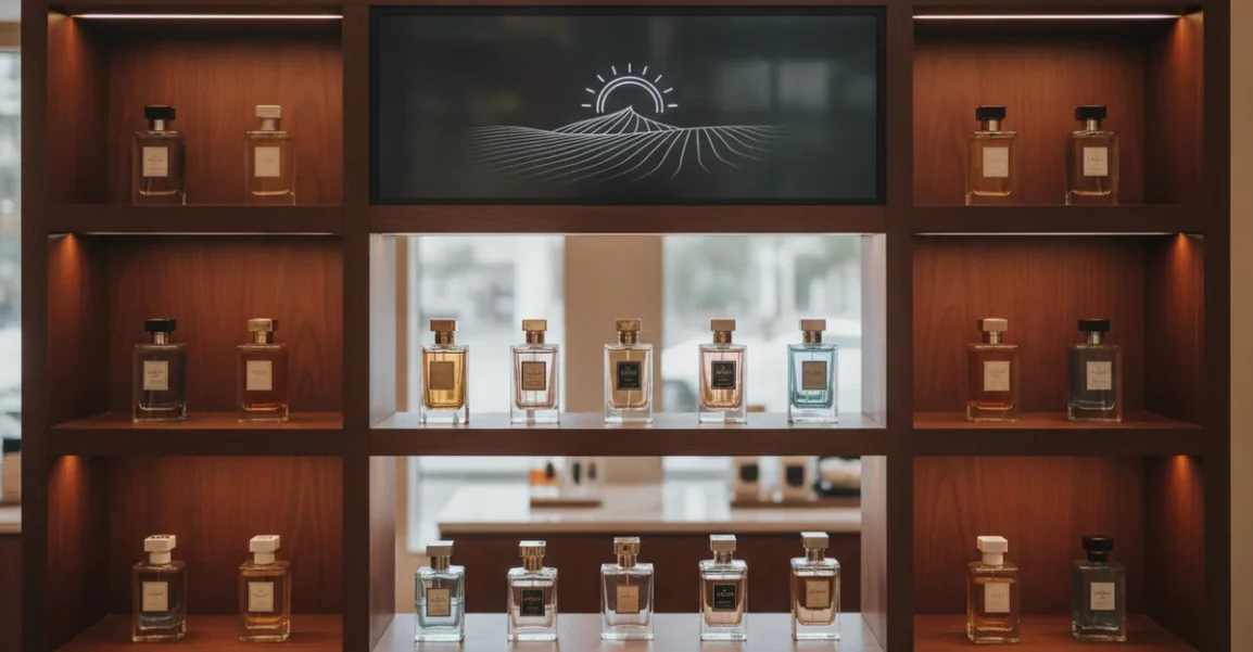 Un elegante estante de madera oscura lleno de una variedad de perfumes de marca, con luces cálidas que resaltan los frascos de cristal. El logo de Sahara Duty Free es sutilmente visible en un letrero digital sobre el estante.