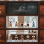 Un elegante estante de madera oscura lleno de una variedad de perfumes de marca, con luces cálidas que resaltan los frascos de cristal. El logo de Sahara Duty Free es sutilmente visible en un letrero digital sobre el estante.
