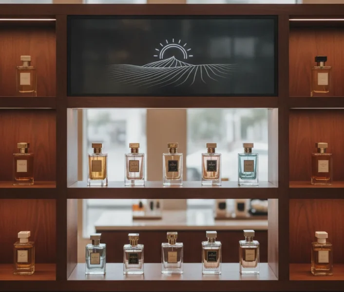 Un elegante estante de madera oscura lleno de una variedad de perfumes de marca, con luces cálidas que resaltan los frascos de cristal. El logo de Sahara Duty Free es sutilmente visible en un letrero digital sobre el estante.