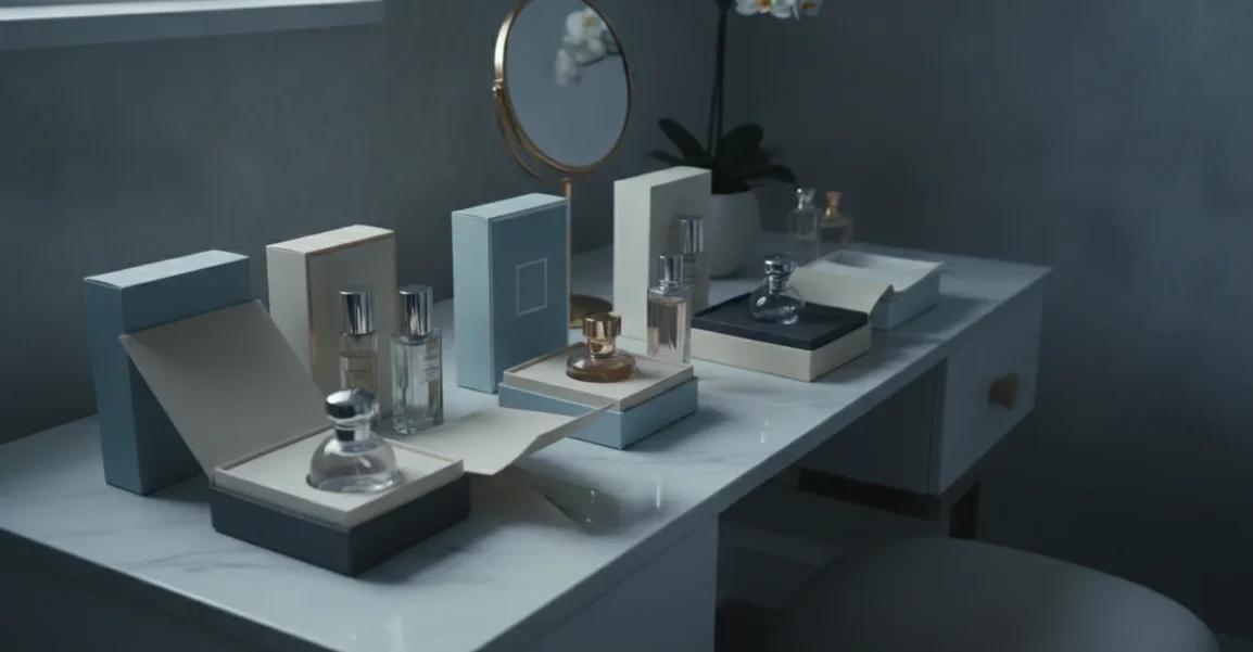 Una elegante mesa de tocador con varios frascos de perfume (EDP y EDT) organizados, algunos dentro de sus cajas originales, en un ambiente de luz tenue y fresca.