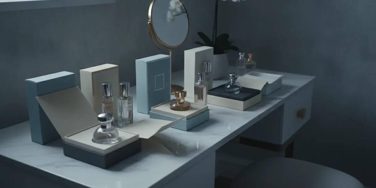 Una elegante mesa de tocador con varios frascos de perfume (EDP y EDT) organizados, algunos dentro de sus cajas originales, en un ambiente de luz tenue y fresca.