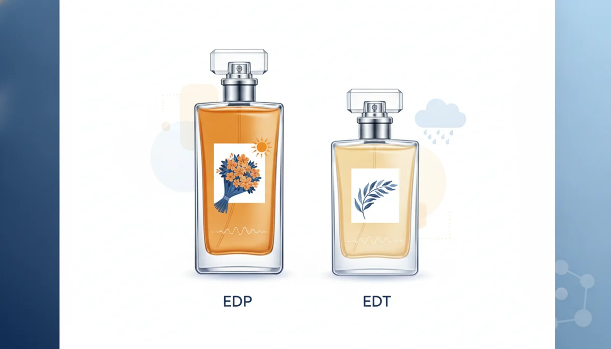 Ilustracion profesional sobre EDP vs. EDT: Entiende las Concentraciones de Perfume y Elige el Ideal para Ti, estilo visual limpio y moderno, relacionado con diferencia edp edt perfume