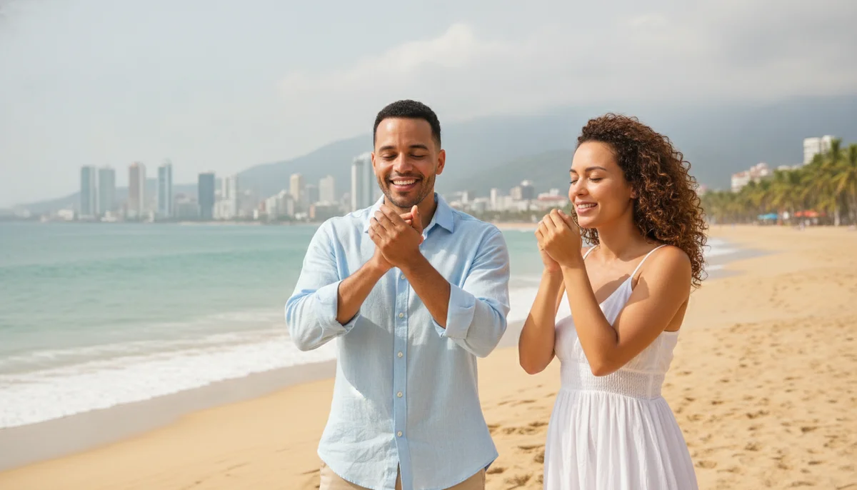 Hombre y mujer sonriendo en un día soleado en una playa colombiana, mientras de fondo se ve una ciudad con clima más fresco, representando la diversidad de climas del país. Ambos huelen sus muñecas.