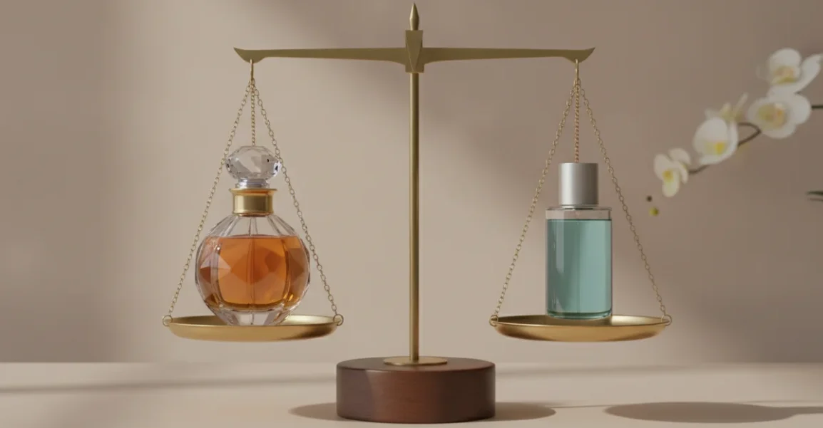 Una balanza equilibrada, con un frasco de perfume lujoso en un lado y un frasco de perfume más sencillo en el otro, simbolizando que el precio no siempre determina la duración. Fondo neutro y elegante.
