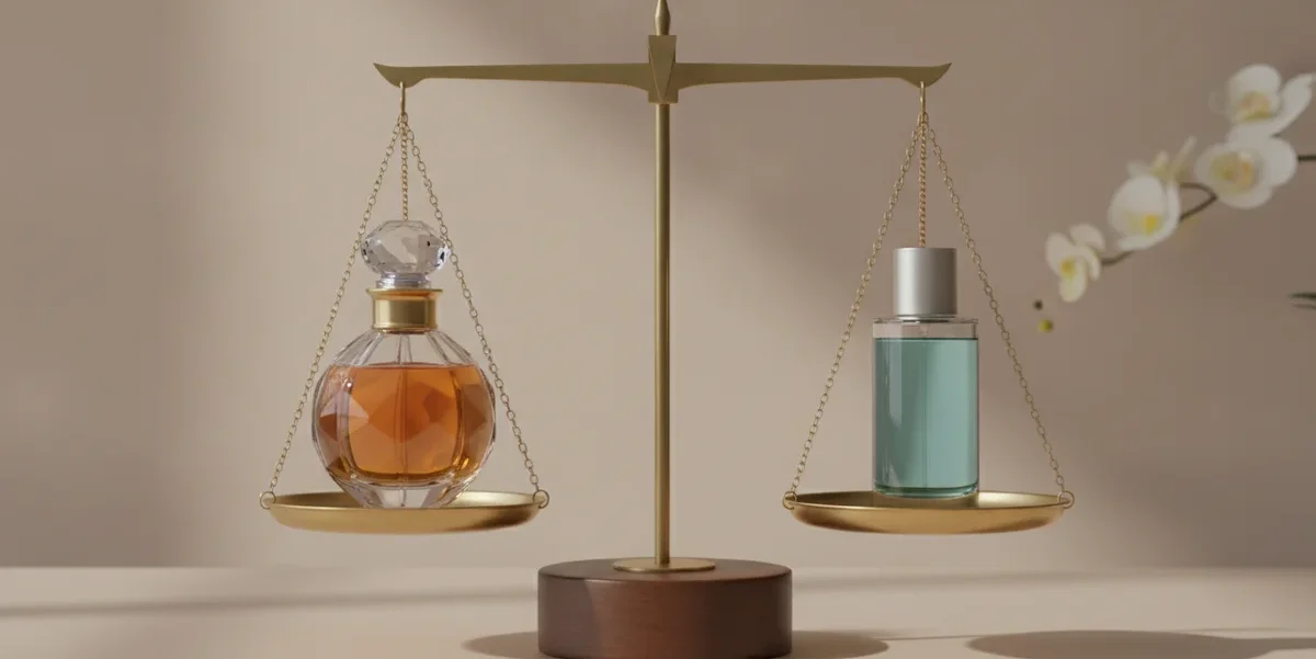 Una balanza equilibrada, con un frasco de perfume lujoso en un lado y un frasco de perfume más sencillo en el otro, simbolizando que el precio no siempre determina la duración. Fondo neutro y elegante.