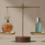 Una balanza equilibrada, con un frasco de perfume lujoso en un lado y un frasco de perfume más sencillo en el otro, simbolizando que el precio no siempre determina la duración. Fondo neutro y elegante.