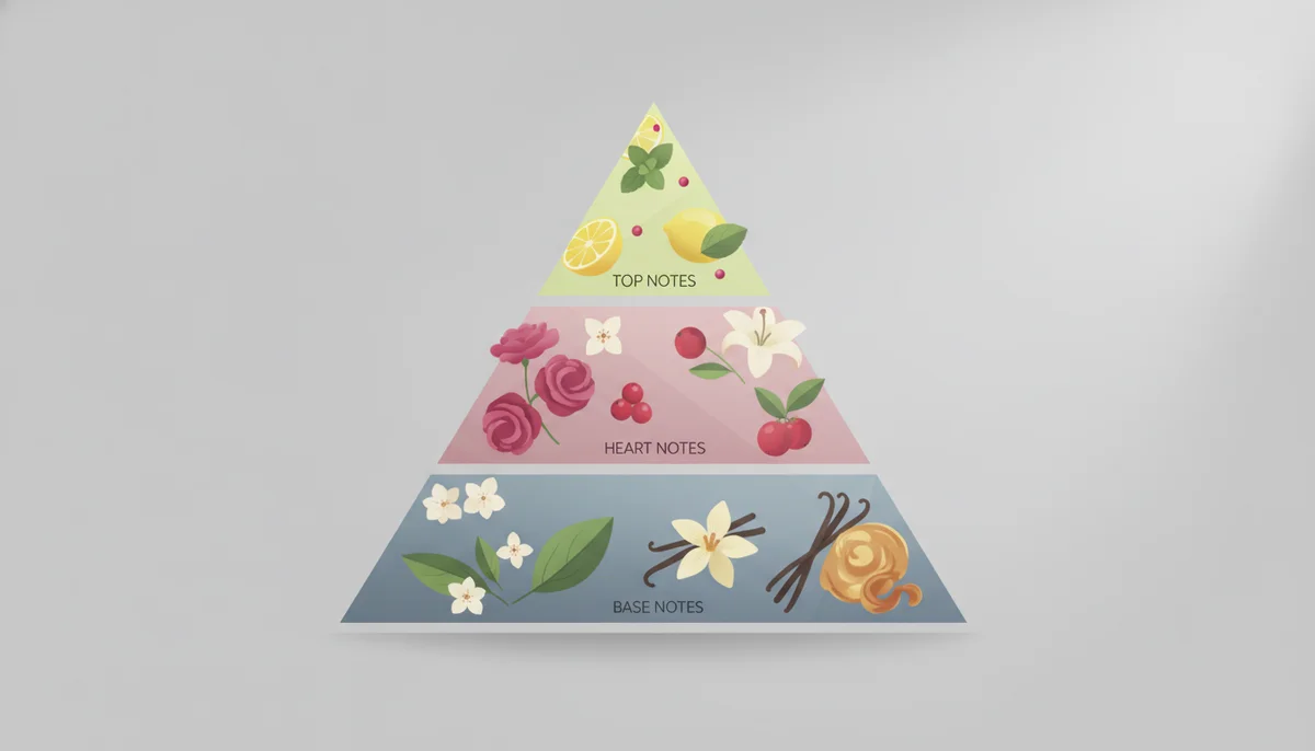 Una ilustración de una pirámide olfativa, con las notas de salida, corazón y fondo claramente diferenciadas por colores o tamaños, y ejemplos de ingredientes de cada una. Estilo moderno y limpio.