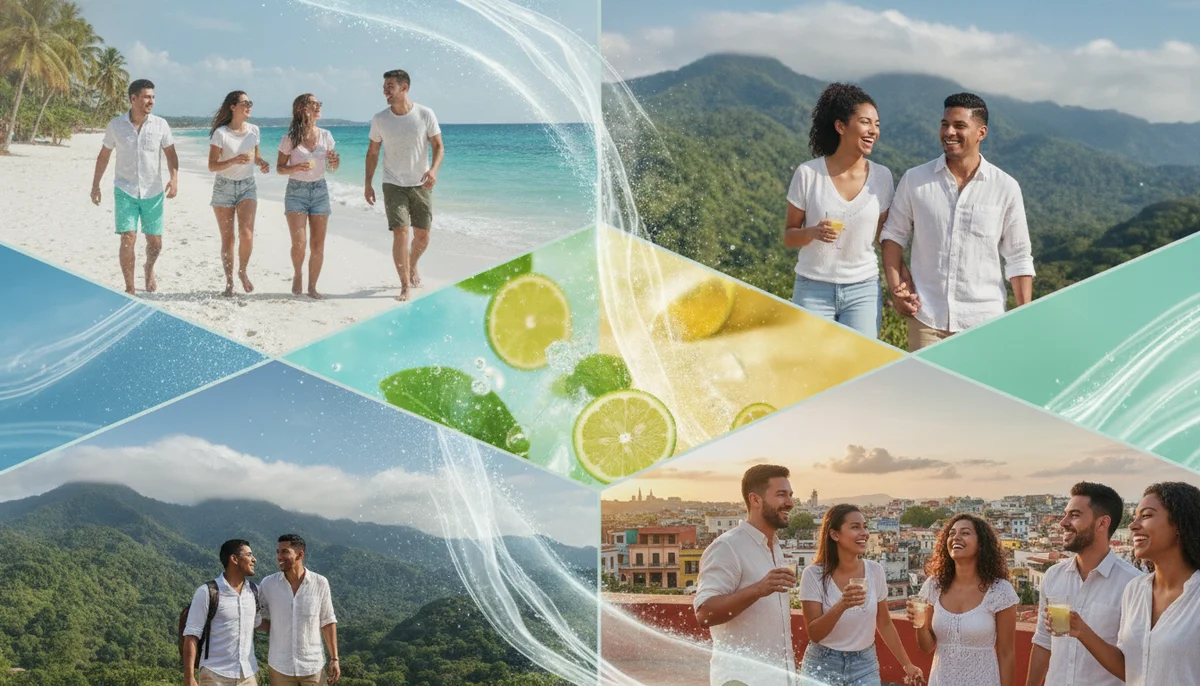 Un collage de personas diversas en Colombia disfrutando del aire libre, con destellos de frescura y limpieza, representando la versatilidad de los perfumes acuáticos y cítricos. Se ven paisajes colombianos como playas, montañas y ciudades.