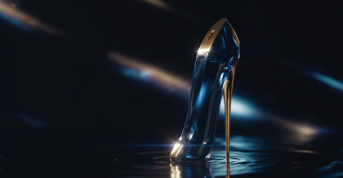 Primer plano de una botella de Good Girl de Carolina Herrera, destacando su diseño de tacón, sobre un fondo oscuro y brillante que simula una superficie reflectante con un juego de luces dramático.