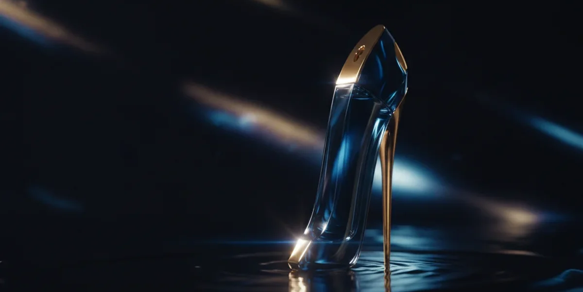 Primer plano de una botella de Good Girl de Carolina Herrera, destacando su diseño de tacón, sobre un fondo oscuro y brillante que simula una superficie reflectante con un juego de luces dramático.