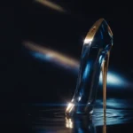 Primer plano de una botella de Good Girl de Carolina Herrera, destacando su diseño de tacón, sobre un fondo oscuro y brillante que simula una superficie reflectante con un juego de luces dramático.