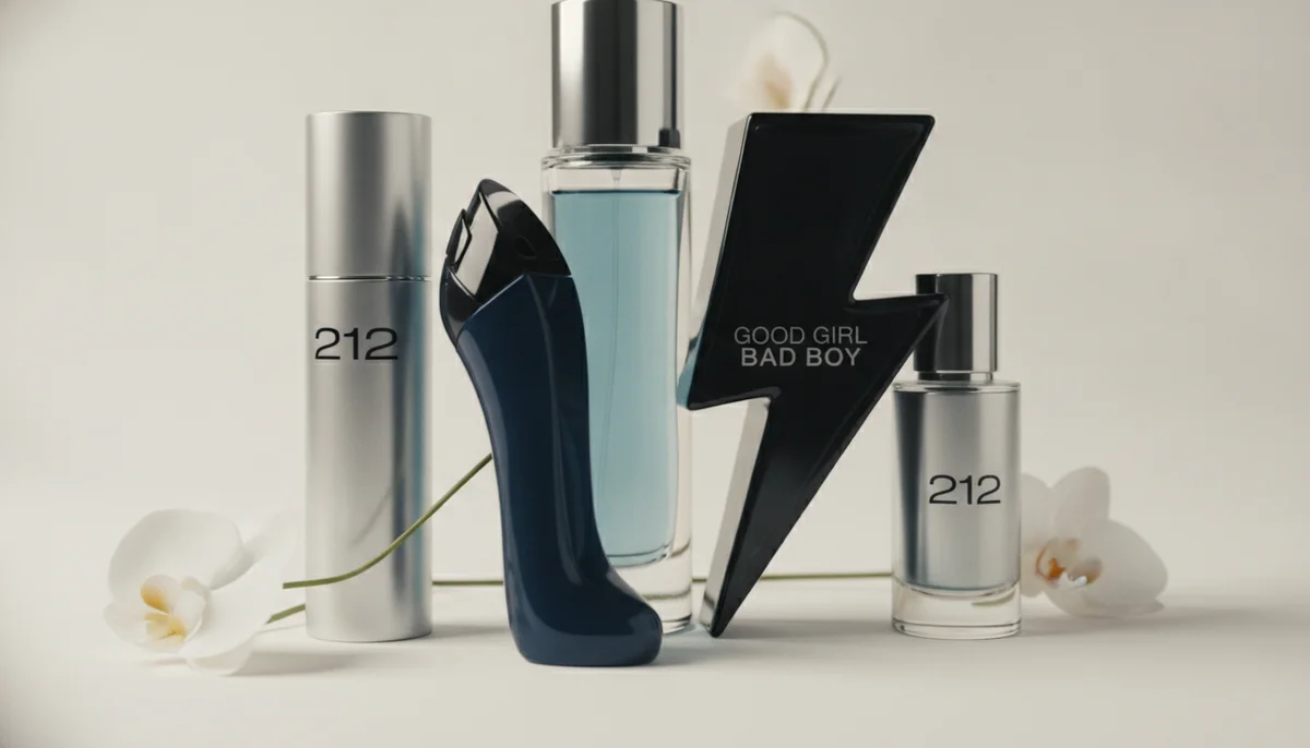Una composición artística de varias botellas de perfumes Carolina Herrera, como 212, Good Girl y Bad Boy, elegantemente dispuestas sobre un fondo neutro con luces suaves, evocando lujo y sofisticación.