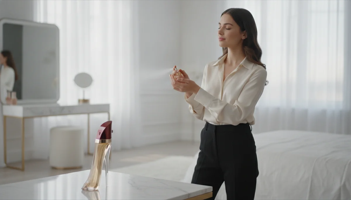 Una mujer joven con vestimenta elegante aplicando perfume en su muñeca, con un frasco de Carolina Herrera en primer plano. El ambiente es luminoso y sofisticado.