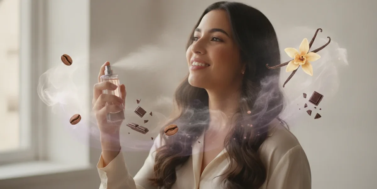 Una mujer joven con una expresión de placer, rociando un perfume sobre su cuello. Alrededor de ella, nubes de fragancia con sutiles ilustraciones de granos de café, vainas de vainilla y trozos de chocolate.