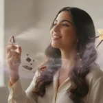 Una mujer joven con una expresión de placer, rociando un perfume sobre su cuello. Alrededor de ella, nubes de fragancia con sutiles ilustraciones de granos de café, vainas de vainilla y trozos de chocolate.