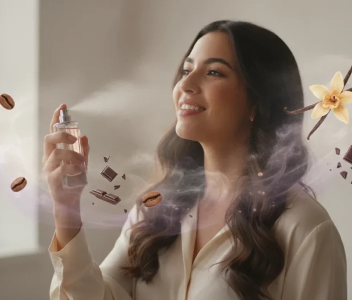 Una mujer joven con una expresión de placer, rociando un perfume sobre su cuello. Alrededor de ella, nubes de fragancia con sutiles ilustraciones de granos de café, vainas de vainilla y trozos de chocolate.