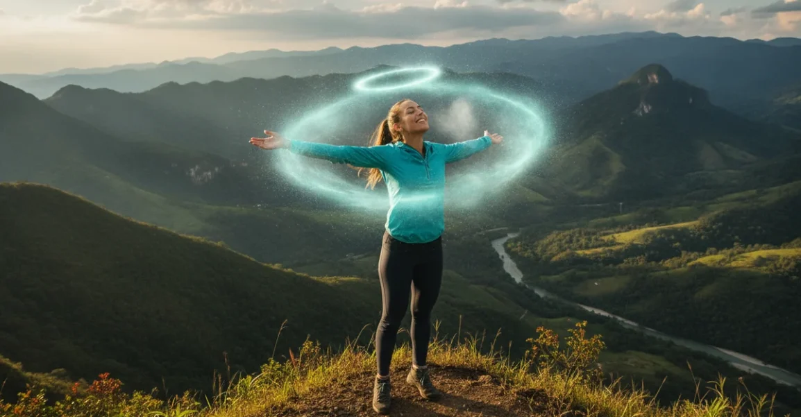 Una mujer sonriente y vigorosa en la cima de una montaña colombiana, con un paisaje impresionante de fondo, exhalando aire fresco y sintiéndose revitalizada, con un halo de frescura simbolizando el perfume.