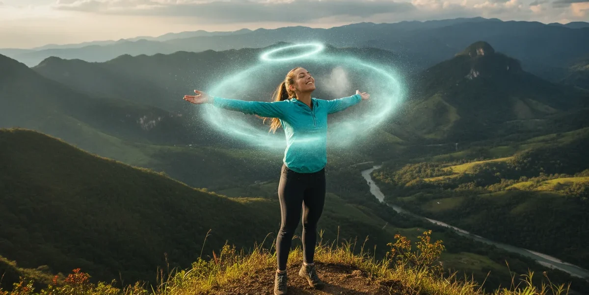 Una mujer sonriente y vigorosa en la cima de una montaña colombiana, con un paisaje impresionante de fondo, exhalando aire fresco y sintiéndose revitalizada, con un halo de frescura simbolizando el perfume.