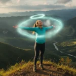 Una mujer sonriente y vigorosa en la cima de una montaña colombiana, con un paisaje impresionante de fondo, exhalando aire fresco y sintiéndose revitalizada, con un halo de frescura simbolizando el perfume.