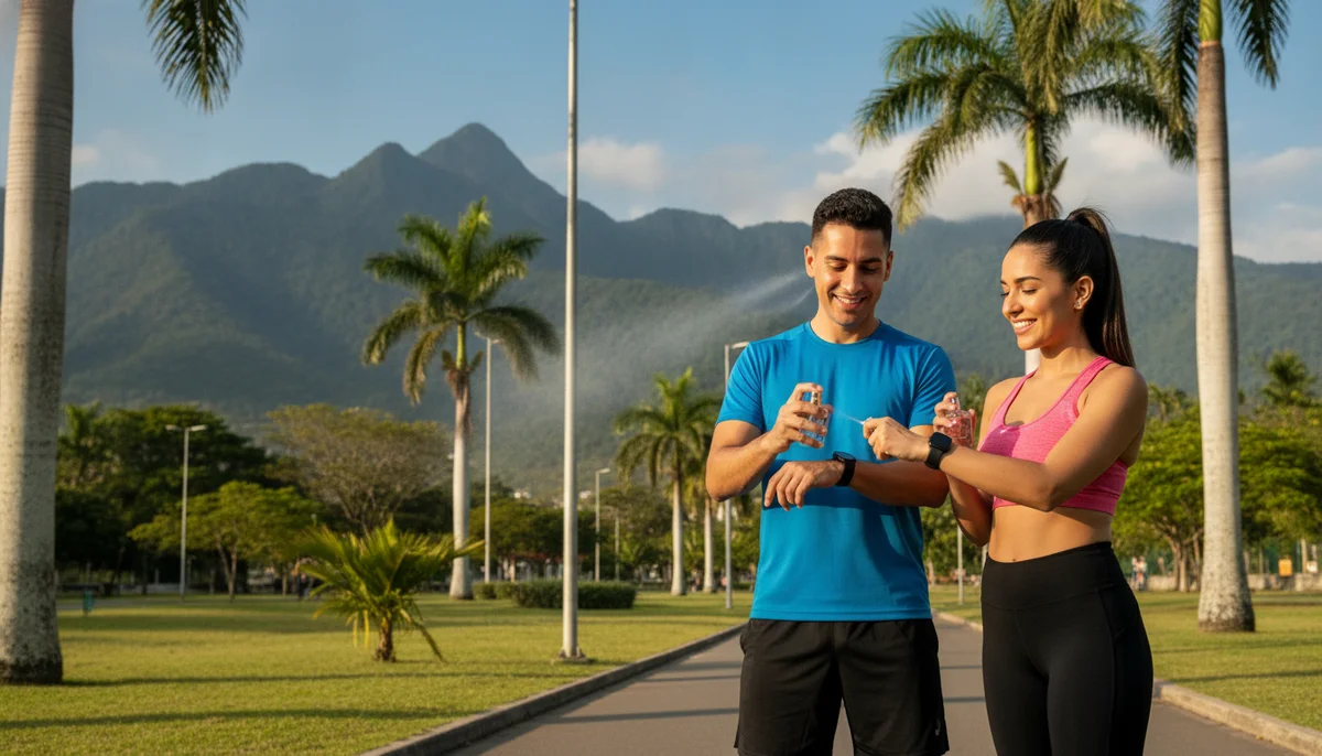 Un hombre y una mujer sonrientes, con ropa deportiva, aplicando perfume en sus muñecas antes de salir a trotar en un parque soleado. Detrás se ven palmeras y montañas.