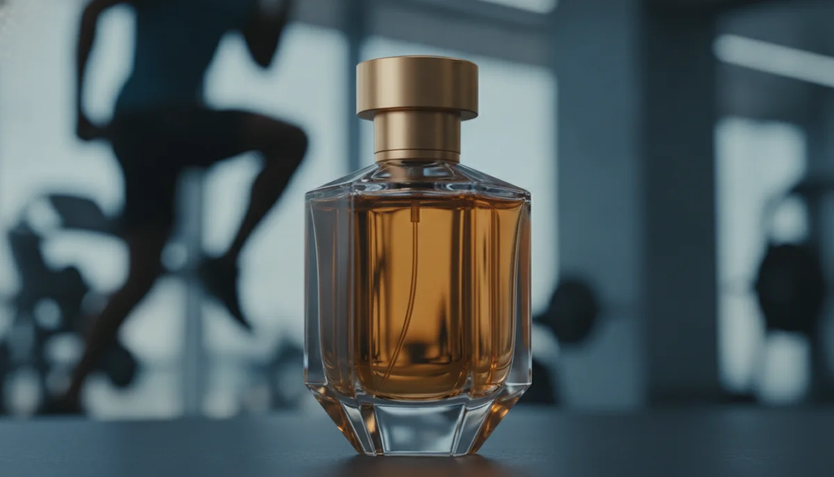 Primer plano de una botella de perfume árabe elegante y moderna, con el fondo desenfocado de un atleta en movimiento en un gimnasio, sugiriendo la combinación de lujo y actividad.