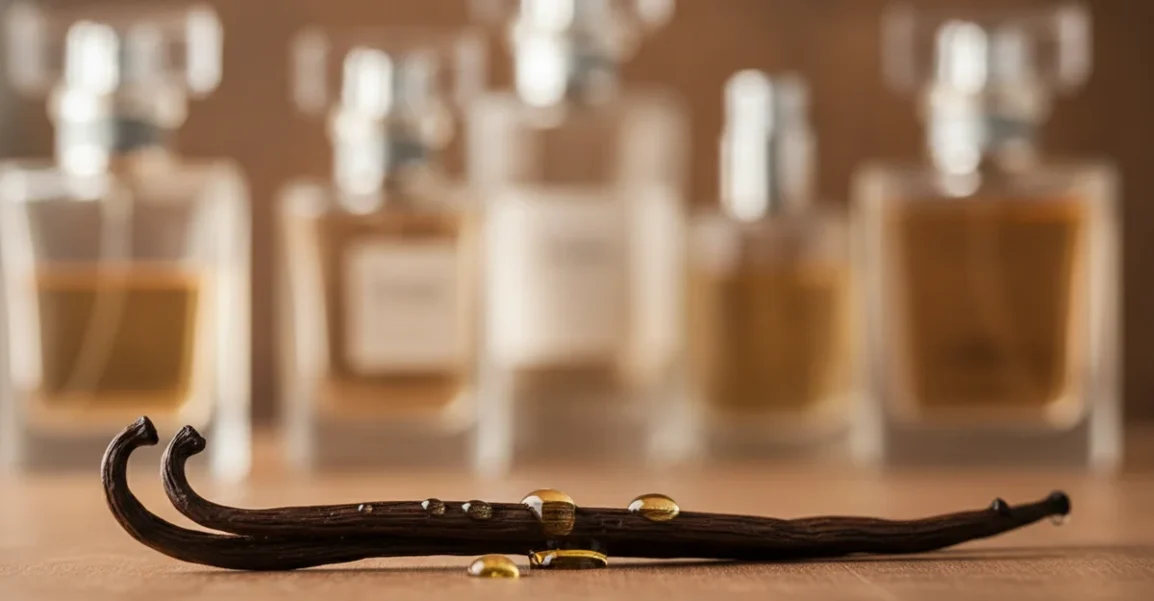 Primer plano de una vaina de vainilla seca y oscura, con algunas gotas de aceite esencial de vainilla brillando sobre ella, sobre un fondo borroso de frascos de perfume.
