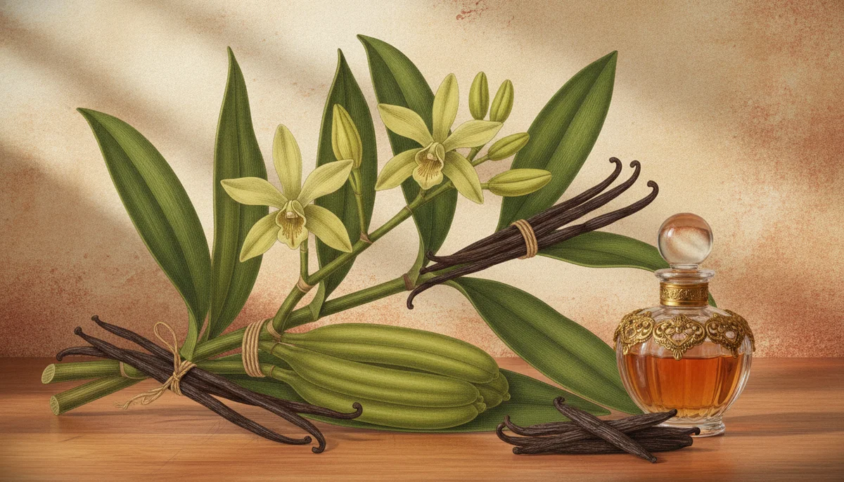 Ilustración detallada de una orquídea de vainilla con sus vainas verdes y también vainas secas y curadas, junto a un frasco de perfume antiguo sobre un fondo cálido y texturizado.