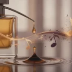 Primer plano de una botella de perfume, con una gota de líquido cayendo en una superficie, mostrando un cambio de color sutil de dorado a ámbar oscuro. Alrededor, notas musicales o símbolos de aroma que parecen distorsionarse o disiparse, indicando un cambio en el olor.