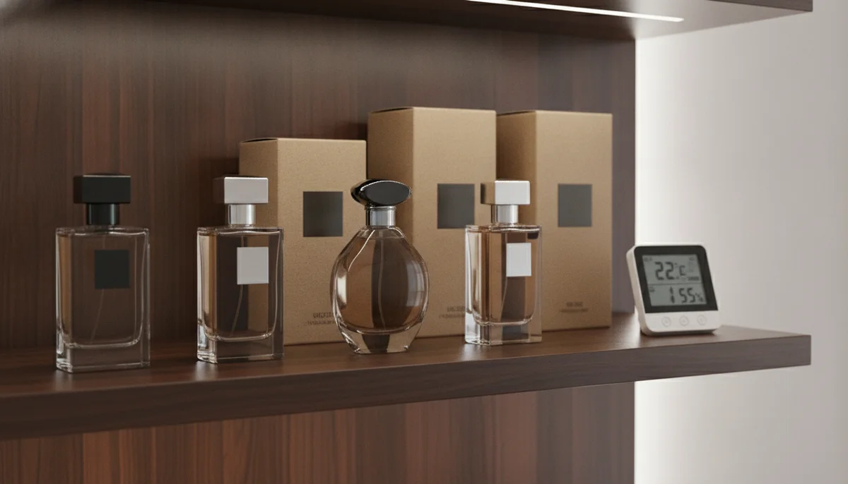 Estante de madera oscuro y elegante con varias botellas de perfume de diseño, bien organizadas y con las cajas originales al lado. La iluminación es suave y ambiental, sin luz directa del sol. Un pequeño higrómetro digital marca una temperatura y humedad ideales.