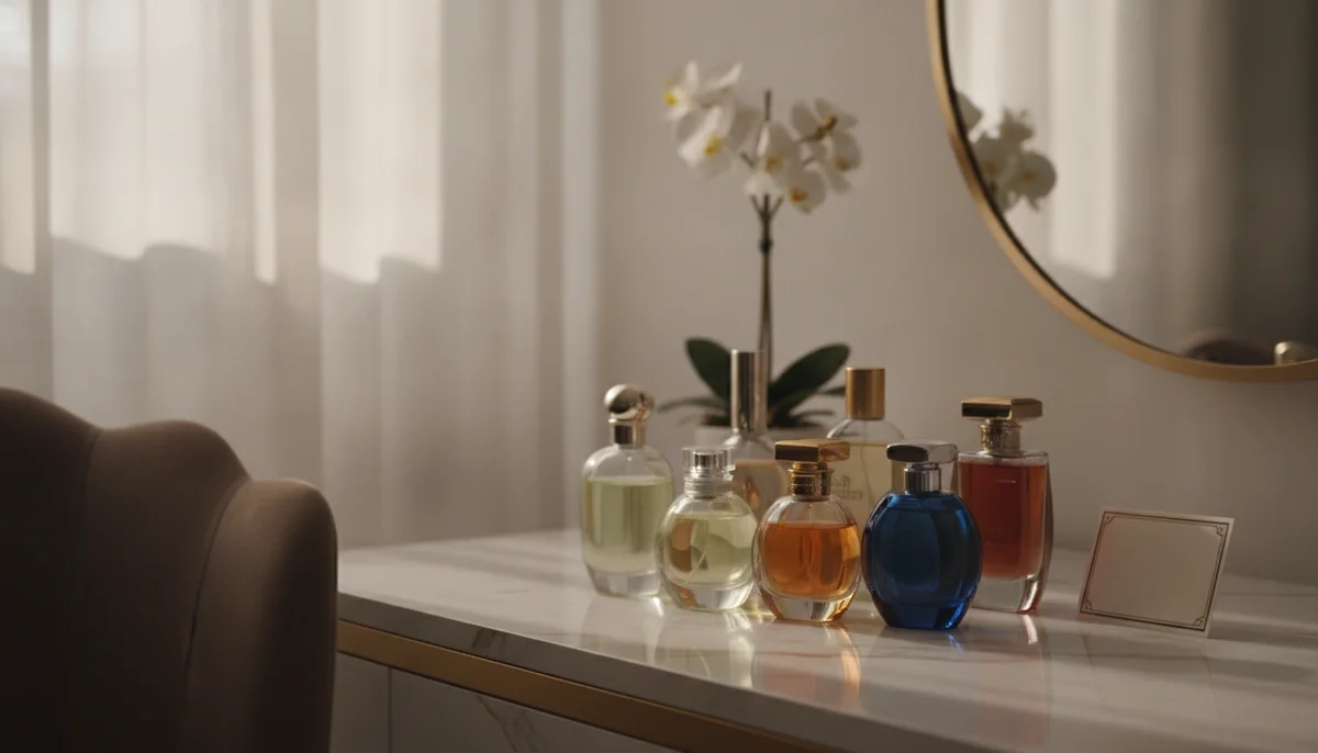Una mesa de tocador elegante con varias botellas de perfume de diferentes formas y colores. Algunas son de tonos claros (cítricos) y otras más oscuras (orientales, amaderadas). La luz incide de forma indirecta, creando un ambiente acogedor y protegido. Un pequeño cartel indica 'Perfumes Duraderos'.