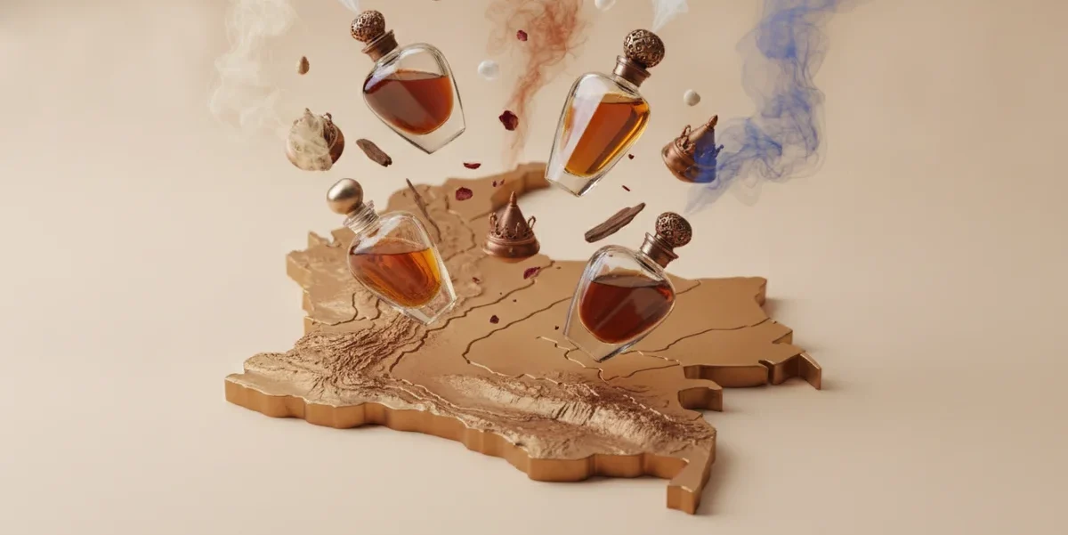 Un mapa estilizado de Colombia con elementos de perfume árabe flotando sobre él, como botellas de oud y humo aromático.