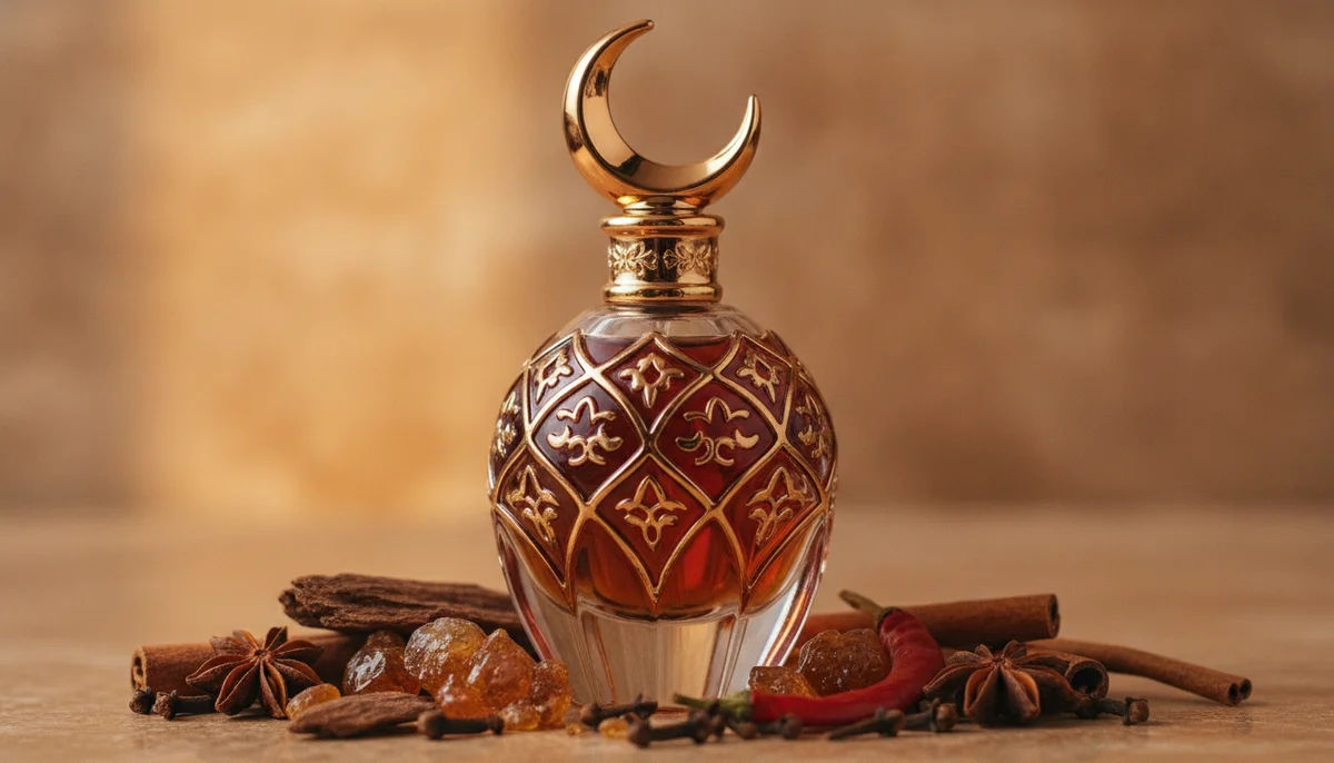 Primer plano de una botella de perfume árabe elegante con un diseño intrincado y notas de oud, ámbar y especias dispersas alrededor.