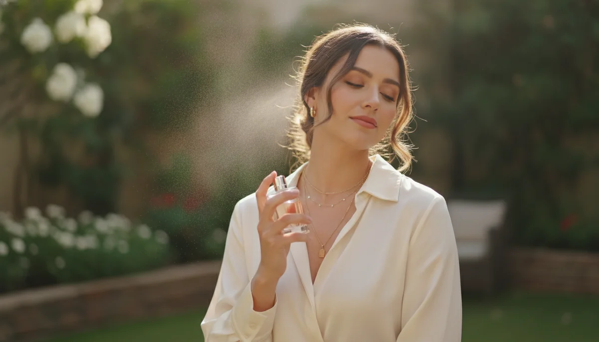 Una mujer elegantemente vestida en un entorno luminoso y natural, aplicando delicadamente perfume en su cuello, con una expresión de serenidad y confianza.