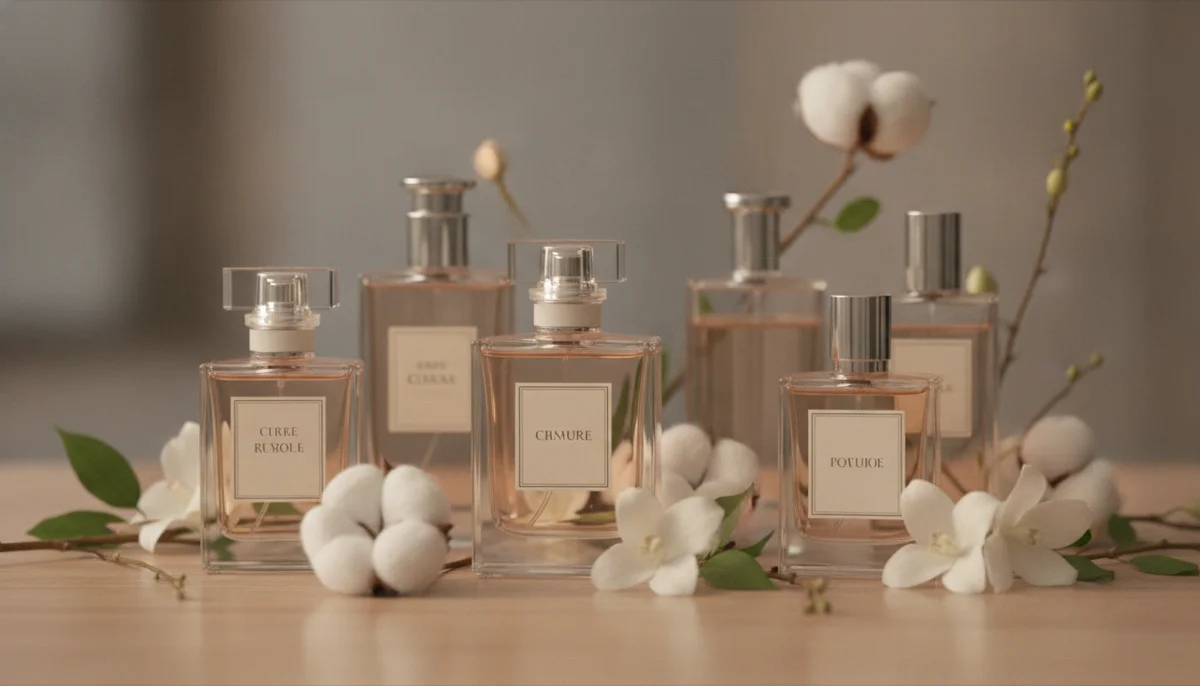 Un collage de frascos de perfumes elegantes en diferentes formas y tamaños, con un suave brillo, rodeados de elementos botánicos sutiles como algodón y flores blancas.