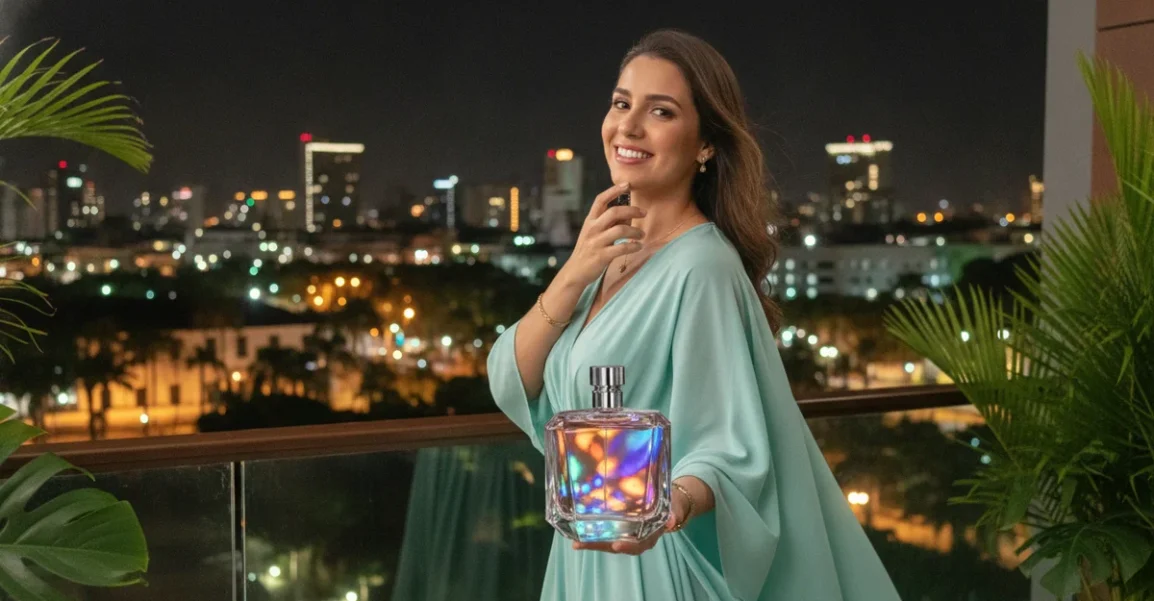Mujer sonriente en un balcón con vista nocturna de una ciudad tropical, aplicándose perfume en el cuello, con el frasco en primer plano que refleja luces vibrantes. El ambiente es sofisticado y fresco.