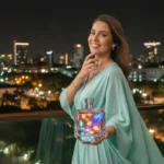 Mujer sonriente en un balcón con vista nocturna de una ciudad tropical, aplicándose perfume en el cuello, con el frasco en primer plano que refleja luces vibrantes. El ambiente es sofisticado y fresco.